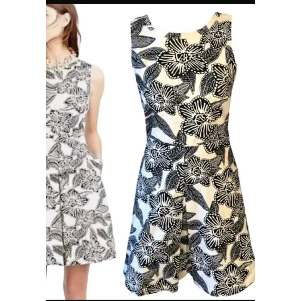 J CREW floral cotton canvas fit And Flare dress size 2 Black Tan Sleeveless (V5